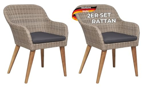 DELUKE Gartenstuhl Egos 2er Set Poly-Rattan 62,5x55x82 cm mit Polster Braun | Gartenstuhl Rattan Outdoorstühle Balkonstühle