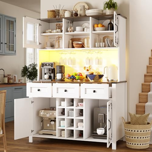 Xwiny Küchenschrank mit LED-Lichtleiste und USB-Anschlüssen, Hochschrank mit Schublade und Aufbewahrungsschrank, Buffetschrank mit Weinregal, Weiß-B, 120x40x170 cm