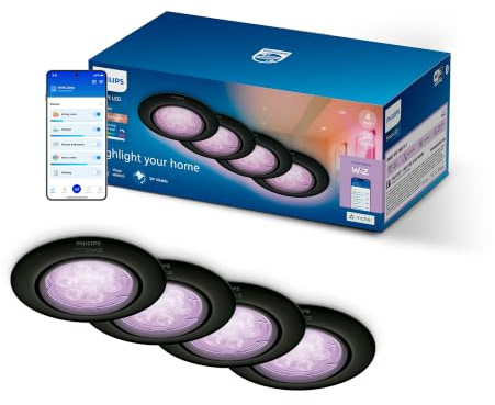 Philips Smart Lighting GU10-LED-Einbaustrahler-Set, 4er-Pack, Weiß und Farbe Einstellbar, Komplettlösung, Schwenkbarer Kopf, Dimmbar, App-Steuerung, Sprachsteuerung, Schwarz