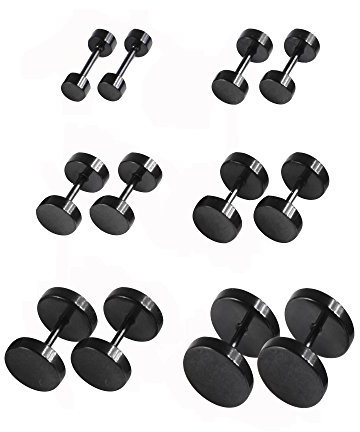 6 Pairs Black Earrings Studs Stainless Steel Ears Plugs Screw Studs Earrings Set for Men and Women Accessories, 18 Gauge