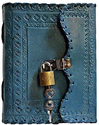 Tuzech Leder-Tagebuch für Männer und Frauen, Leder-Tagebuch zum Schreiben von Gedichten, Skizzenbuch, Aufzeichnung, Notizbuch, persönliche Memoir mit Schloss und Schlüssel – unliniert (blau)