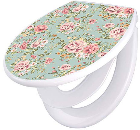 banjado Familien WC Sitz mit Absenkautomatik 44,5x37cm / Klodeckel/Klobrille mit Kindersitz aus hochwertigem Polypropylen/Toilettensitz Kindersitz integriert Motiv Altrosa Blume