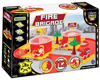 Wader 53510 - Play Tracks City Feuerwehrstation mit zwei Stationen und drei Fahrzeugen und 3,1 m Spielstraße, ab 12 Monaten, ideal als Geschenk für kreatives Spielen