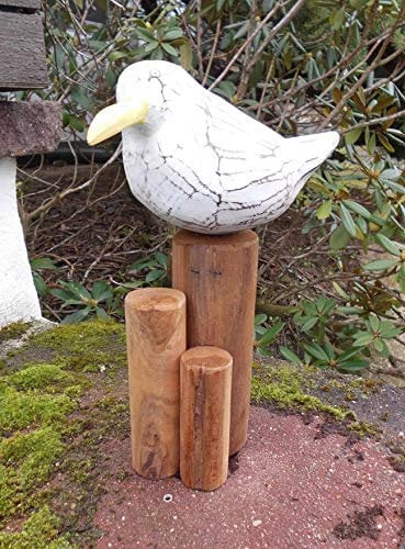 Freche Möwe auf Poller Statue Maritime Deko Holz Handarbeit 30 cm