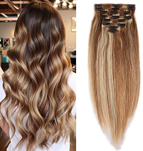 SEGO Clip in Extensions Echthaar 8 Teiliges SET Doppelt Tressen Haarverlängerung 100% Remy Hair für Komplette Kopf Weissbraun/Hellblond #12p613-1 16(40cm)-130g