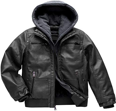 CREATMO US Boy Faux Leather Jacket Motorcycle Jacket Winter Jacket Zipper Flight Pleather Jacket Black 14/16