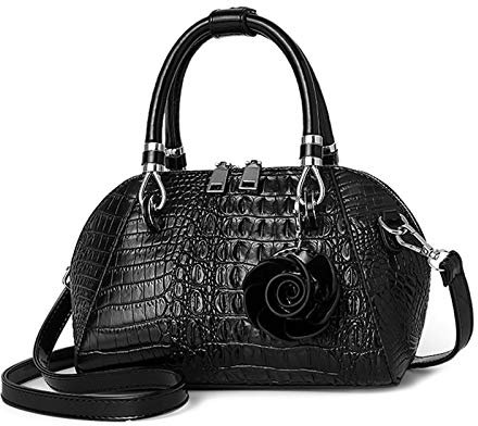 NICOLE & DORIS Handtasche Damen Klein Retro Umhängetaschen Henkeltasche Kroko Optik Schultertaschen PU Leder Tasche mit Blumen Anhänger Schwarz