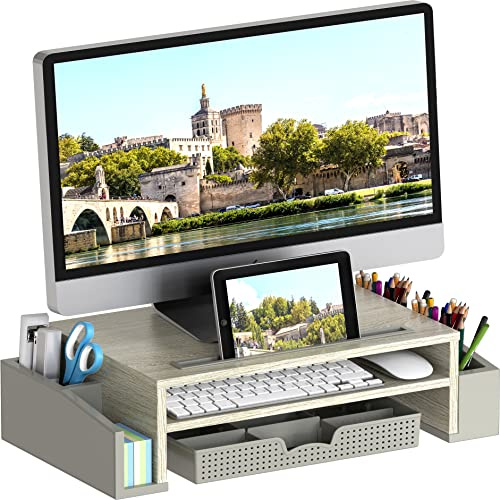 Simple Houseware Schreibtisch-Monitorständererhöhung mit Verstellbarer Organizer-Ablage, Ahorn
