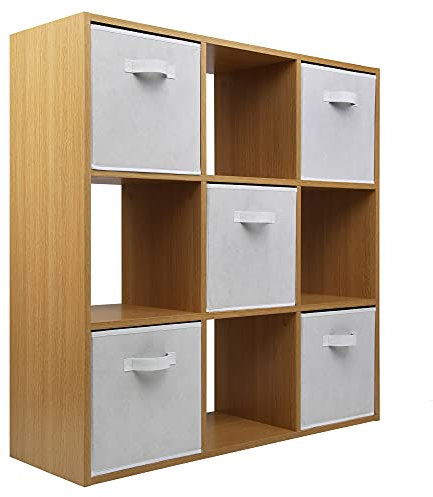 Charles Jacobs Oak 9 Cube Storage Shelving Unit + 5 White Fabric Drawers