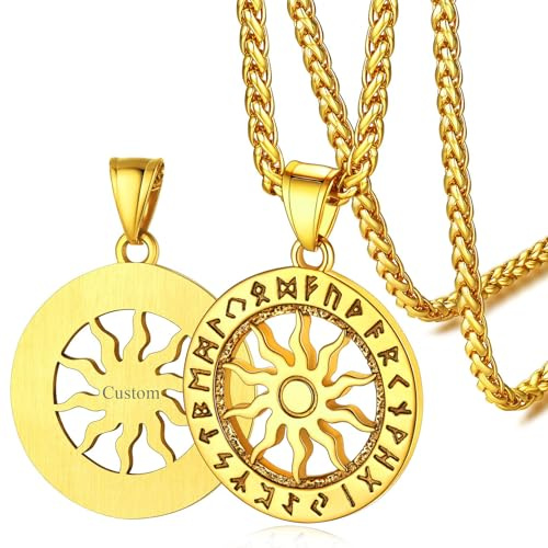 FaithHeart Nordic Sun Necklace Viking Jewellery for Men Gold Norse Mythology Pendant Stainless Steel Runes Charm Personalised Gift for Anniversary