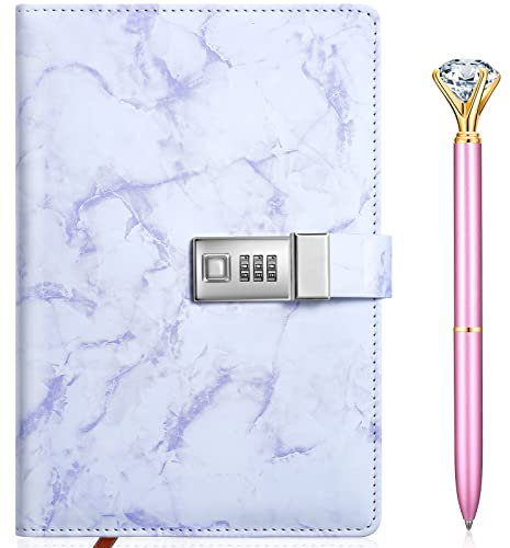 Zonon Diary with Lock Marble PU Leather A5 Journal Combination Lock Secret Personal with Diamond Pen(Purple,1 Pcs)