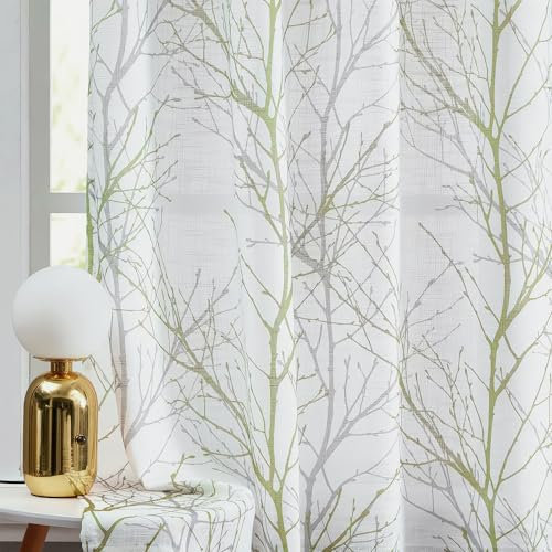 FMFUNCTEX Grün Grau Voile Vorhänge Transparente Leinen Gardinen mit Ösen für Wohnzimmer Zweige Muster Halbtransparente Modern Ösenschal Dekoschal für Schlafzimmer 2er Set, 175 x 127 cm (H x B)