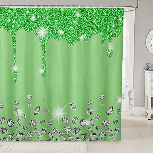 Loussiesd Silver Glitter Shower Curtain (No Glitter) Bling Partyations Bathroom Fabric for Diamond and Jewelry Green Bath Curtain Waterproof Curtains Stalls Bathtubs 72x72 Inch