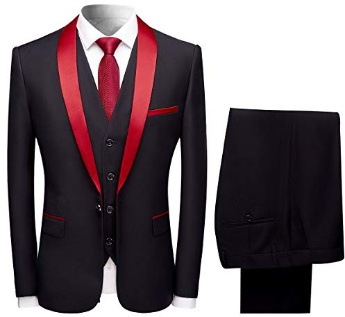 Sliktaa Mens Suits 3 Pieces Slim Fit Wedding Formal Dinner Suit Black One Button Notched Lapel Tuxedo Blazer Jacket Trousers and Waistcoat #989 Black 3XL