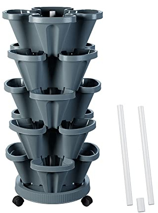 Tectsia Jardinière Verticale à Fraises empilables à 5 Niveaux avec Poteau de Support, Pots de Fleurs empilables pour Herbes et légumes pour intérieur et extérieur – Gris foncé