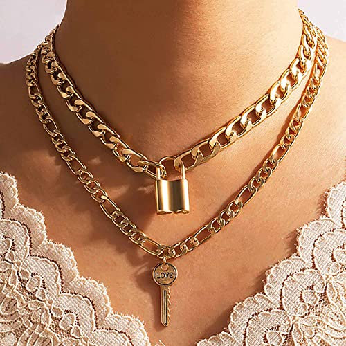 Atentuyi Punk Cuban Chunky Chain Layered Necklaces Gold Choker Lock Necklace Pendant Key Necklaces Flat Curb Link Chain Thick Chain Multilayer Collar Necklace Jewelry for Women and Girls