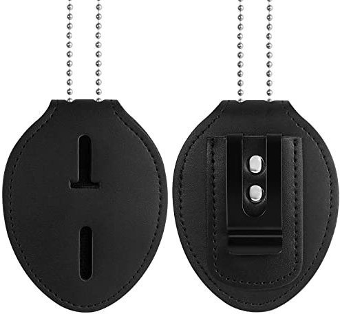 Cnanhuak Polizei-Ausweishalter, Rindsleder, Universal-Ausweishalter, Gürtelclip mit stationärer Metallclip und Kette für Beamte, schwarz, oval