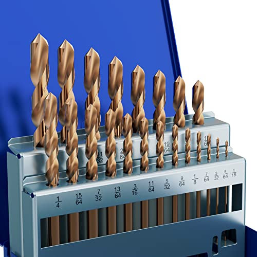 MACXCOIP Cobalt Drill Bit Set, 21Pcs M35 High Speed Steel Jobber Length Drill Bit Kit for Hardened Metal, Stainless Steel, Cast Iron, Wood and Plastic, with Index Storage Case, 1/16-3/8