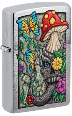 Zippo Encendedor a Prueba de Viento - Naturaleza Salvaje - Cromo Cepillado - Recargable, Uso de por Vida - Llama Ajustable - Metal - Hecho en EEUU, Brushed Chrome - Freaky Nature Mushroom