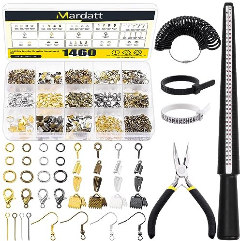 Mardatt 1465Pcs Jewelry Making Supplies Kit Includes Jewelry Pliers, Ring Sizer Measuring Tool, Craft Wires, Jump Ring Opener and Other Jewelry Findings Accessories for Jewelry Making and Repair
