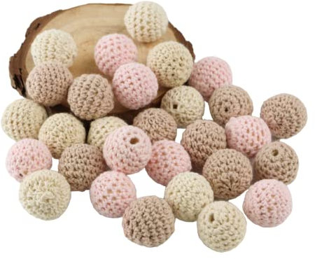 30stk Häkelperlen Bunt 20mm Gehäkelt Holzperlen Runde Gehäkelte Perlen mit Loch zum Auffädeln Handgefertigt Natur Holzkugeln für DIY Schmuck Dekorationen Halskette Armband