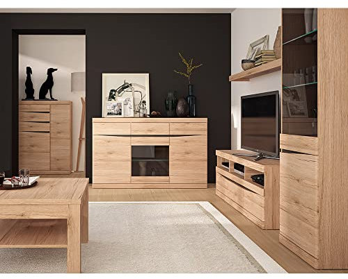Wohnzimmer Set mit Wohnwand Schrankwand Media Wand TV Lowboard Vitrine Wandboard Couchtisch 75x75 cm Sideboard Highboard in Eiche Nb.