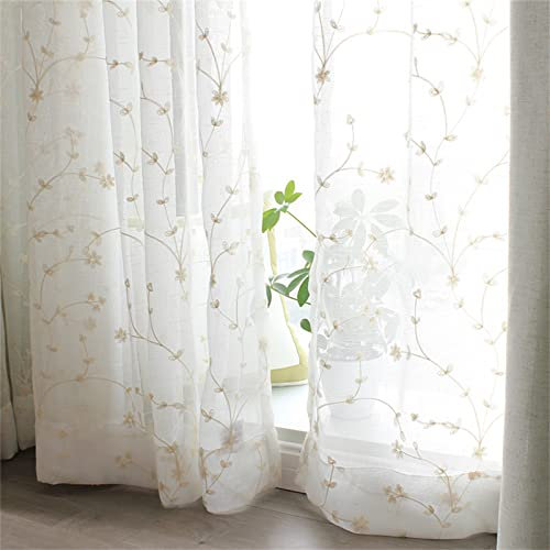 Freyamy Boho Blumen Gardinen Bauernhaus Voile Landhausstil mit Stangedurchzug,Weiß Outdoor Vorhänge Dekoschals Halbtransparent Vorhänge 2 Stück Wohnzimmer Vintage Stores Vorhang 200x140 cm (HxB)