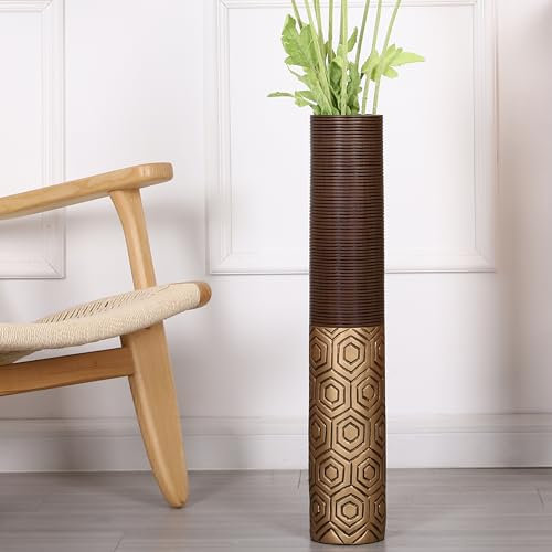 Leewadee Grand Vase A Poser Au Sol 65 cm Haut - Vase De Sol pour Fleur Ou Pampa, Marron Doré, Résine
