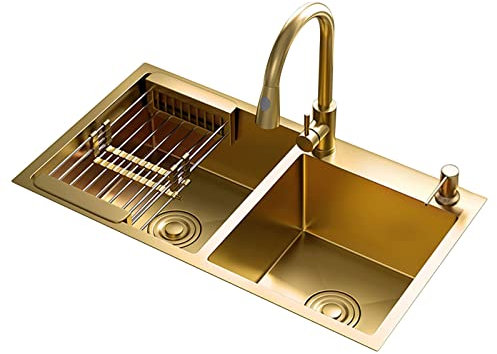 WhfPs Doppelwaschbecken für die Küche zu Hause, handgefertigtes Doppelwaschbecken, 21 cm tiefes Waschbecken, Edelstahlspüle mit Wasserhahn und Seifenspender (Farbe: Gold, Größe: 78 x 43 x 21 cm)