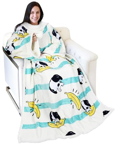 Catalonia Sherpa Wearable Blanket with Sleeves Arms, Comfy Sleeved TV Wrap Blanket, Large Snuggly Throw for Women and Men, Gift for Her, Banana Dog
