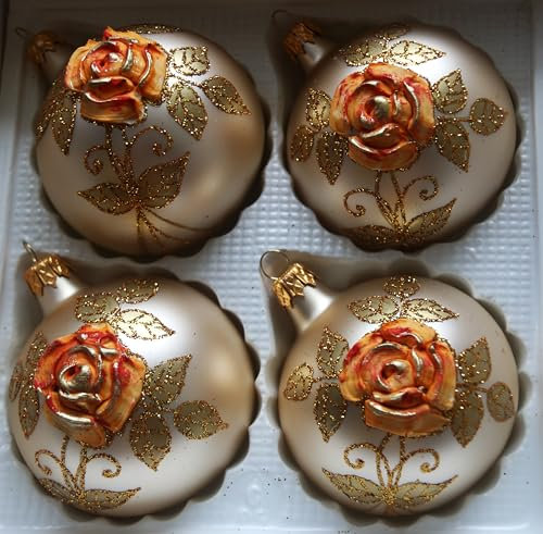 Golde Weihnachtskugeln aus Glas mit orangenen Rosen, mundgeblasen und handverziert - Durchmesser 8 cm 4er Set