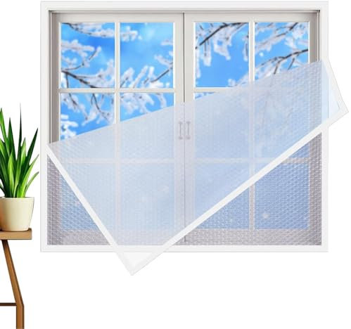 Kit de película aislante para ventanas, película gruesa para ventana de burbujas con cinta de gancho y bucle, resistente al viento y cálido en invierno W130xH175cm