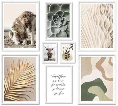 ARTFAVES® Poster Set - ABSTRACT NATURE - mehrteilige Wanddeko Wohnzimmer & Schlafzimmer - 8 moderne Wandbilder Abstrakt, grün, Löwe, beige, gold, Natur - mit Rahmen Weiss