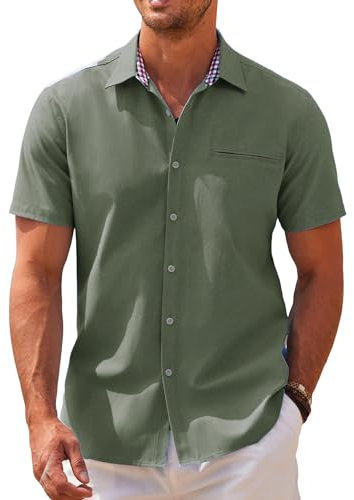 COOFANDY Mens Short Sleeve Shirts Oxford Business Shirt Casual Summer Shirt Chambray Dress Shirts for Men Non Iron Army Green M