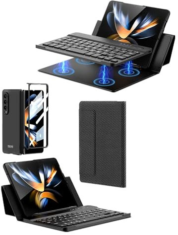 For Samsung Galaxy Fold 3 Bluetooth Keyboard with Leather Case Detachable Magnetic Wireless Bluetooth Mute Keyboard (Grain)