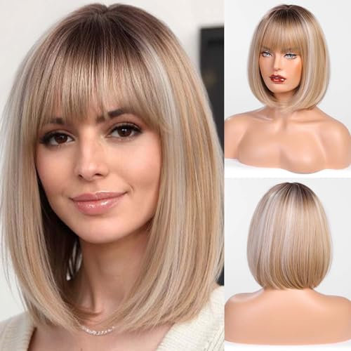 HAIRCUBE Gerade Kurze Charmante Bob mit Bangs Perücken für Frau Natur Hitzebeständige Synthetische Faser Party/Cosplay/Kostüm/Tägliche Perücke (ombre blond mit Highlight)