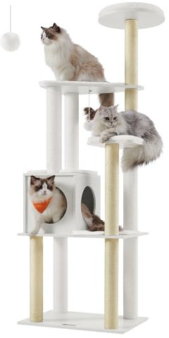 Feandrea WoodyWonders Cat Tree, 65-Inch Modern Cat Tower for Indoor Cats, Multi-Level Cat Condo with 5 Scratching Posts, Perch, Washable Removable Cushions, Cat Furniture, Cloud White UPCT166W01