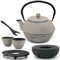 Asia Teekanne Gusseisen Set 1.1 Liter - grauer Teekessel & Edelstahl-Filter für losen Tee & 2 Tee-Becher & Stövchen & Deckelheber & Untersetzer