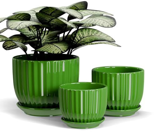 Ceramic Plant Pots,4+5+6 Inch,Green Flower Pots with Drainage Holes and Tray,Indoor Planters for Plants Pots,Home Office Decoration GIF for Plants,Succulent Pot Set of 3