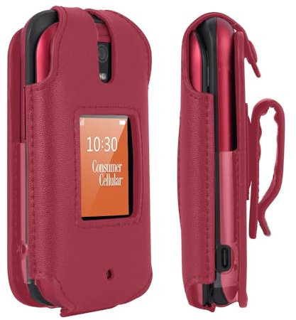 BELTRON Leather Case for Consumer Cellular Iris Flip Phone (2023) - Features: Secure Fit, Rotating Belt Clip, Screen & Keypad Protection (SH3320) - Red