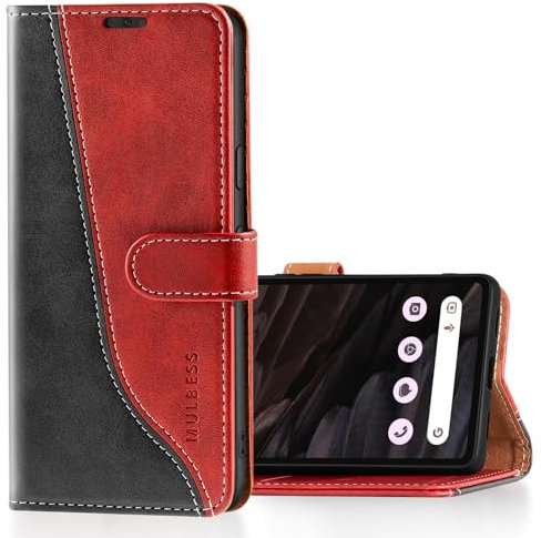 Mulbess für Google Pixel 7A Hülle, Handyülle Leder mit Kartenfach, Klapphülle mit Magnetverschluss, Flip Case Etui Handytasche Schutzhülle, Stilvoll Wein Rot