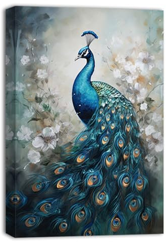 ZQQART Pfau Leinwandbild Wandbild Retro Pfau auf Ast stehend Bilddrucke Elegante Tiere und Blumenmalerei Wohnzimmer Dekor Rahmen(Pfau -4,30x45cm)