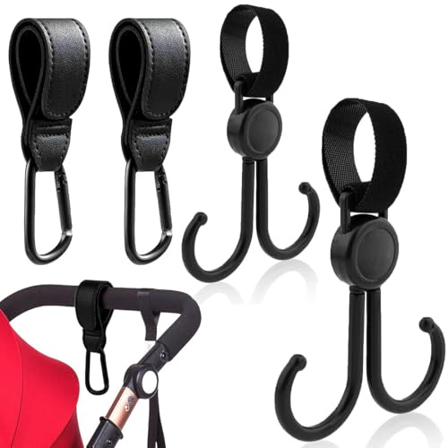 4 Stück Lederoptik Kinderwagen Haken für Taschen, Kinderwagen Haken für Wickeltaschen,Kinderwagen Zubehör, Universelle Passform,Haken Für Kinderwagen Taschen Halterung Taschenhalter, Schwarz