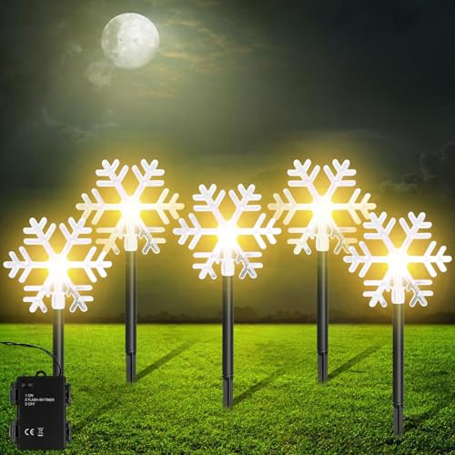 5 Stück LED Schneeflocken Weihnachtsbeleuchtung Außen Batteriebetrieb, Außenbeleuchtung Weihnachten Warmes Licht, Weihnachtsdeko Aussen für Garten, Bäume, Außen Terrasse