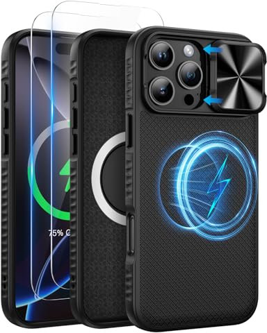 Doeshine for iPhone 16 Pro Case with 2 Pack Screen Protector and Slide Camera Cover, Military-Grade Drop Protection Rugged Hard PC Magnetic Shockproof Phone Case Cover for iPhone 16 Pro 2024 (Black)