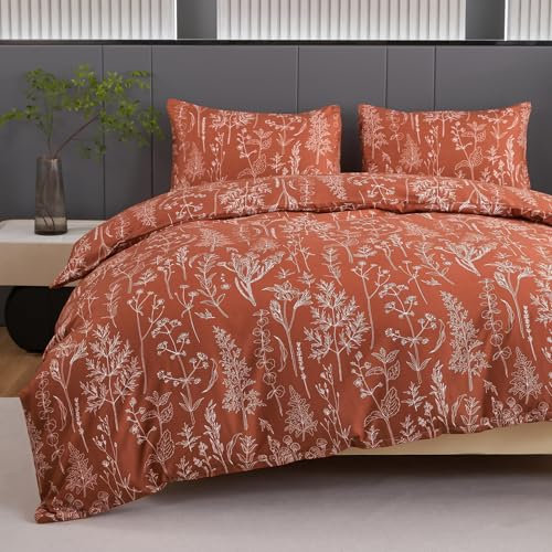 Jemiipee Housse de Couette 200x200 cm Orange Brûlé, 2 Taie d'oreiller 65x65cm, Parure de Lit de Motif Botanique Tropical Fleurs Réversible pour 2 Personnes avec Fermeture Éclair