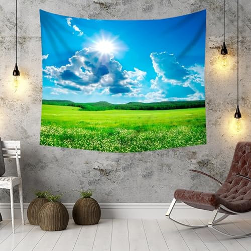 KnSam Wandteppiche, Wiese Sonne Wandteppich Landschaft Natur Wandtuch Polyester Wandtücher für Tischdecke Wohnzimmer Decor, Blau Grün, 150x130cm