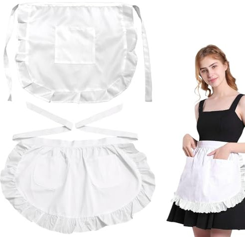 Laralily 2 Stück Schürze weiß,Big Pocket Weiße Schürze,Rüschen-Halbschürze Damen,Kellnerschürze,Cosplay Hausmädchen,Schürze Damen Vintage,Schürzenkleid,Halbschürze Damen