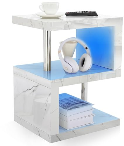 Blisswood LED Side Table - S-Shaped White High Gloss End Table with Storage Shelves and RGB Lighting, Modern Nightstand for Bedroom, Living Room or Small Spaces