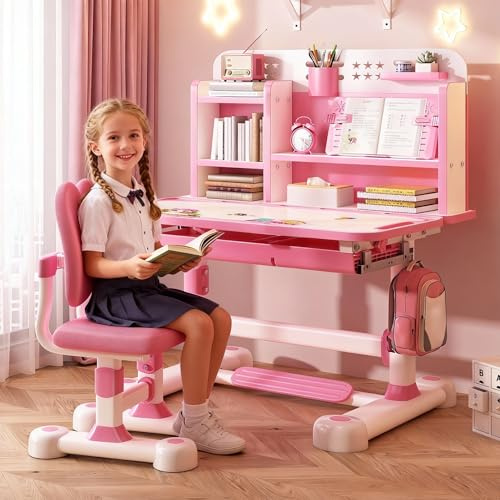 Set di scrivania e sedia regolabili per bambini, set con tavolo da studio e sedie per bambini con divisori e cassetti, scrivania per casa e scuola con sedia ergonomica, tavolo e sedie per bambini per